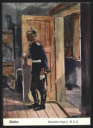 Künstler-AK Döbrich-Steglitz: Wecken beim Grenadier-Regt. 9