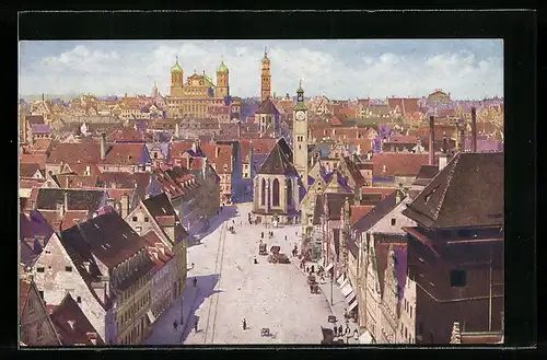 AK Augsburg, Blick vom Jakobsturm auf Kirche mit Strassenpartie