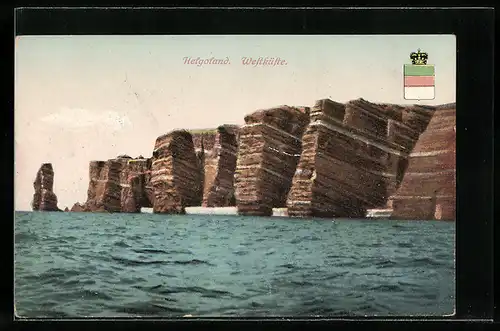 AK Helgoland, Westküste, Ansicht Klippen von der See aus, mit Inselwappen