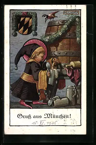 AK München, Oktoberfest, Münchener Kindl macht sich einen Bierkrug voll, Wappen