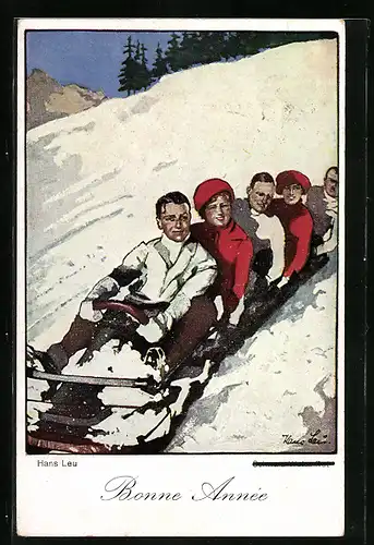 Künstler-AK Hans Leu: Schwarz-Weiss-Rot, Herren und Damen auf einem Schlitten