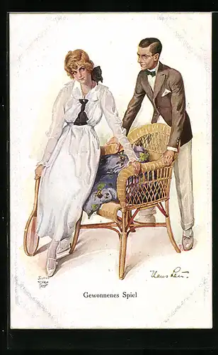 Künstler-AK Hans Leu: Gewonnenes Spiel, Frau mit Tennisschläger und Mann