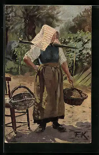 Künstler-AK sign. F. Kallmorgen: Hannoversches Bauernmädchen mit Tragjoch