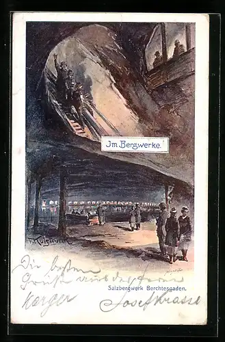 Künstler-AK Franz Kulstrunk: Berchtesgaden, Arbeiter im Salzbergwerk