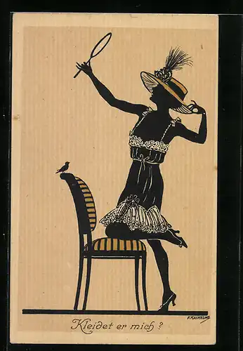 Künstler-AK Friedrich Kaskeline: Frau im Unterkleid mit Handspiegel, Schattenbild