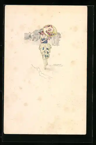 Künstler-AK Mauzan: Frau im Kleid mit Blumen