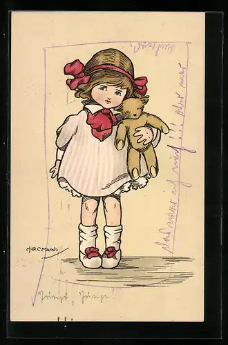 Künstler-AK H. G. C. Marsh-Lambert: Mädchen mit Teddy im Arm
