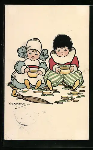 Künstler-AK H. G. C. Marsh-Lambert: Kinderpaar beim Essen