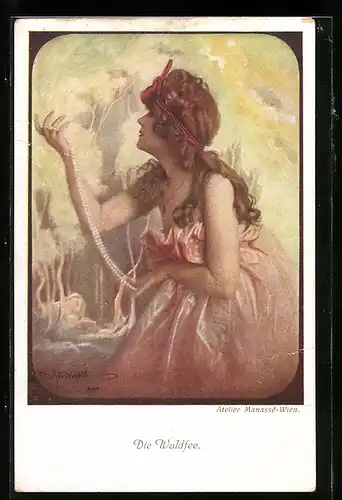 Künstler-AK Manasse: Die Waldfee. Verträumte Dame betrachtet ihre Perlenkette