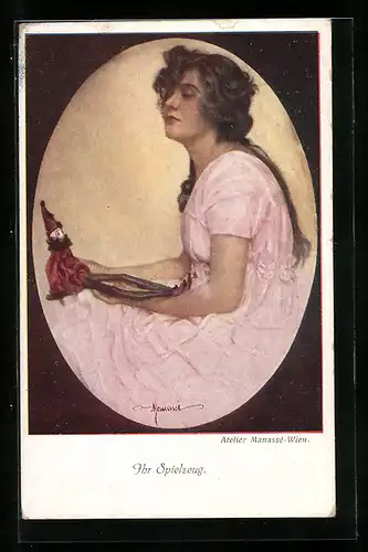 Künstler-AK Manasse: Ihr Spielzeug, Schöne Frau mit Spielzeugclown