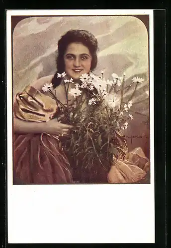 Künstler-AK Manasse: Porträt Frau mit einem Blumenstrauss