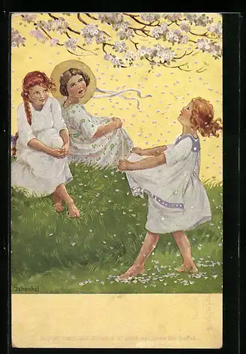 Künstler-AK Franziska Schenkel: Mädchen in weissen Kleidern sammeln Blüten