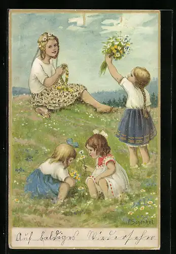 Künstler-AK Franziska Schenkel: Kinder beim Blumen pflücken auf einer Wiese