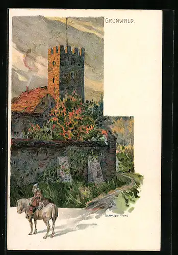 Lithographie Grünwald, Burgpartie mit Reiter