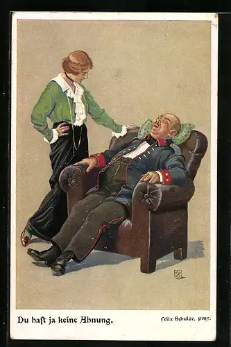 Künstler-AK Felix Schulze: erschöpfter Soldat entspannt sich im Sessel