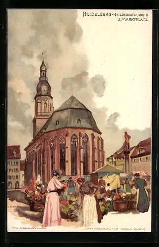Künstler-AK C. Pfaff: Heidelberg, Heiliggeistkirche u. Marktplatz