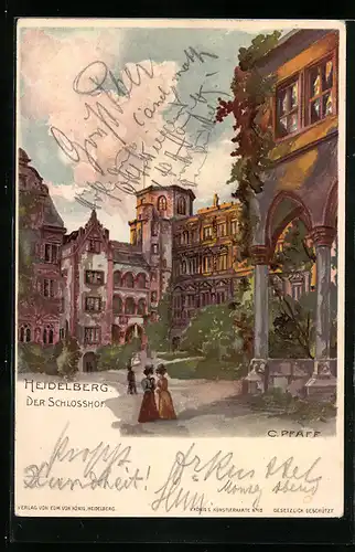 Lithographie Heidelberg, Der Schlosshof im Abendrot