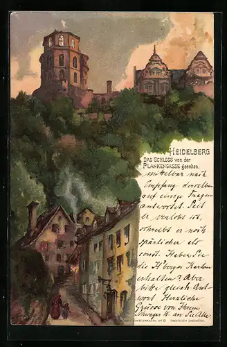 Lithographie Heidelberg, Schloss von der Plankengasse gesehen