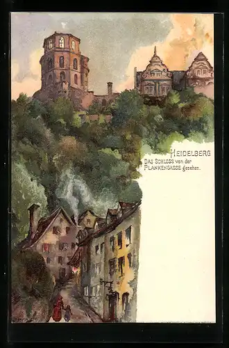 Lithographie Heidelberg, Schloss von der Plankengasse gesehen