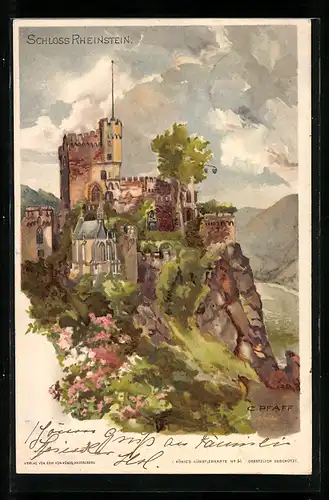 Künstler-Lithographie C. Pfaff: Trechtingshausen, Schloss Rheinstein