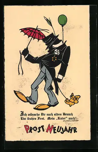 Künstler-AK A. Ost: Schattenbild, Betrunkener mit Schirm und Hund, Neujahrsgruss