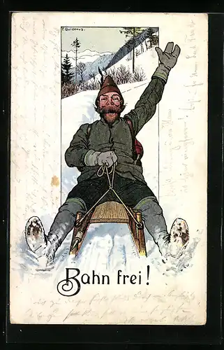 Künstler-AK Fritz Quidenus: Bahn frei!, Rodler