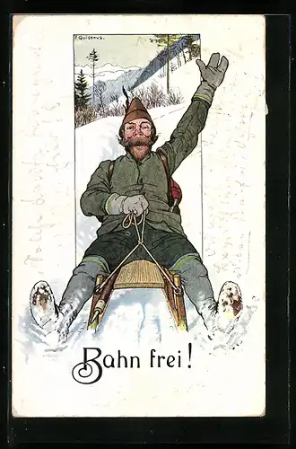 Künstler-AK Fritz Quidenus: Bahn frei!, Rodler