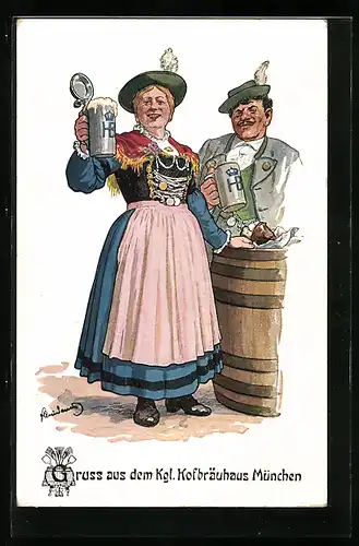 Künstler-AK Fritz Quidenus: München, Kgl. Hofbräuhaus, Gesellschaft in Tracht mit Mass Bier