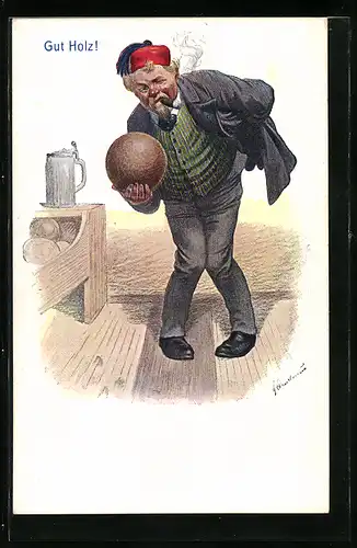 Künstler-AK Fritz Quidenus: Rauchender Mann beim Bowlen