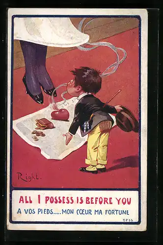 Künstler-AK Right: Kleiner Mann schaut an den Beinen von Frau hoch