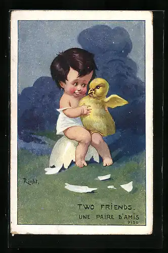 Künstler-AK Right: Kind im Hemd mit einem Küken