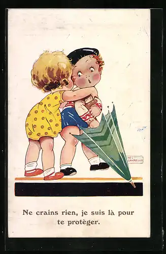 Künstler-AK Agnes Richardson: Mädchen umarmt Jungen mit Schirm