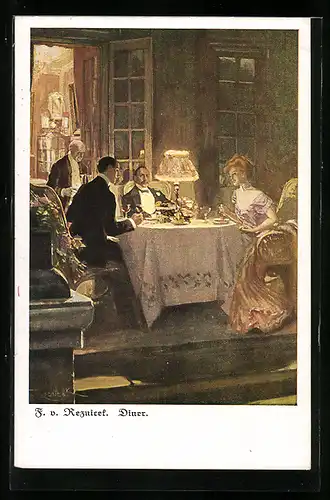 Künstler-AK Ferdinand von Reznicek: Frau mit zwei Männern beim Diner