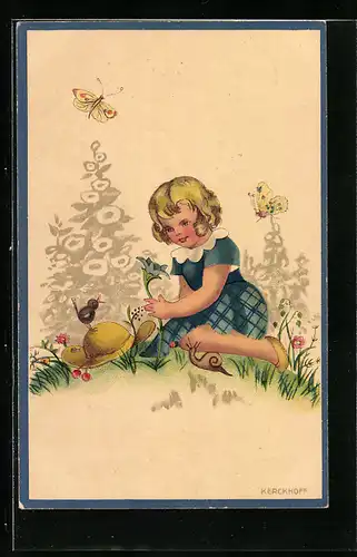 Künstler-AK Kerckhoff: Mädchen mit Schnecke, Vogel und Schmetterling