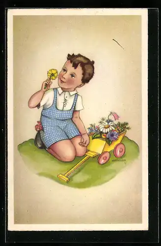 Künstler-AK Kerckhoff: Junge mit einem Blumenkarren