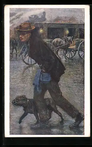 Künstler-AK Hans Larwin: Cabskutscher, junger Mann mit Hund mit Maulkorb