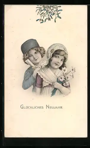Künstler-AK C. Öhler: Pärchen mit Gänseblumen, Neujahrsgruss