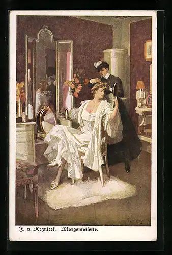 Künstler-AK Ferdinand von Reznicek: Morgentoilette, Dame wird hergerichtet