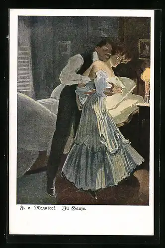 Künstler-AK Ferdinand von Reznicek: Zu Hause, Paar im Schlafzimmer