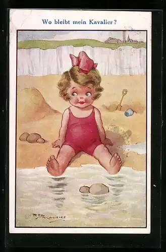 Künstler-AK Maurice: blondes Mädchen im roten Badeanzug am Strand sitzend