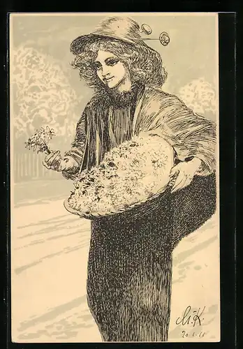 Künstler-AK Max Klinger: Leipzig, Margueritentag 1911, Mädchen mit einem Korb Blumen