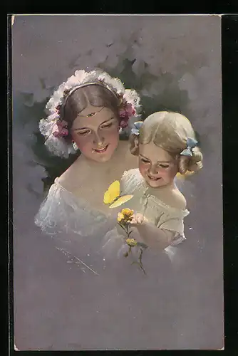 Künstler-AK Ludwig Knoefel: Mutter und Kind mit Schmetterling und Blume