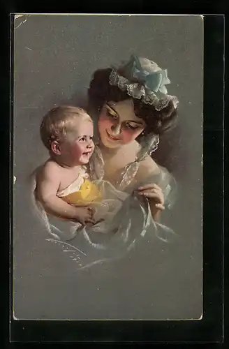 Künstler-AK Ludwig Knoefel: Junge Mutter mit ihrem Baby auf dem Arm