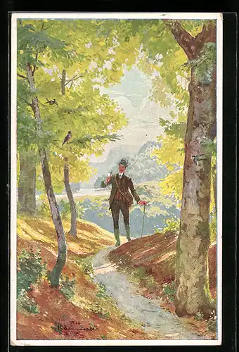 Künstler-AK Robert Kämmerer: Ich ging durch einen grasgrünen Wald, Wanderer auf Waldweg
