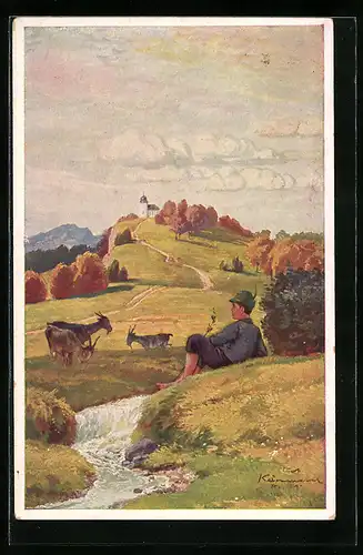 Künstler-AK Robert Kämmerer: Ziegenhirte mit Ziegen an einem Bach in herbstlicher Landschaft