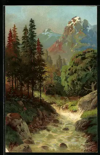 Künstler-AK Robert Kämmerer: Flusslandschaft mit schneebedeckten Bergen