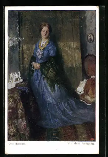 Künstler-AK Otto Herschel: Vor dem Ausgang, Dame im blauen Festtagskleid