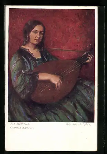 Künstler-AK Otto Herschel: Minnesängerin mit Laute
