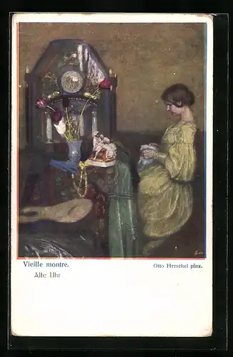 Künstler-AK Otto Herschel: Alte Uhr, Mädchen strickt vor alter Uhr