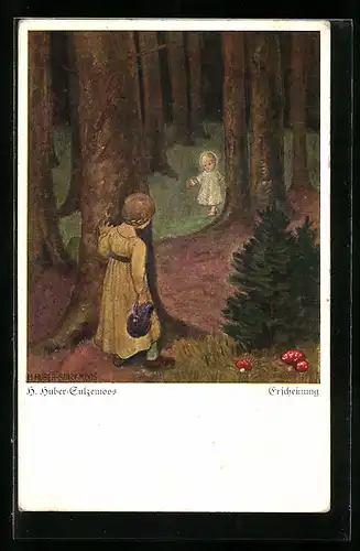 Künstler-AK Hans Huber-Sulzemoos: Mädchen im Wald erscheint das Christkind